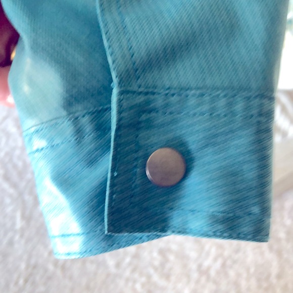 SZ L 100% COTTON JACKET (FAUX LEATHER LOOK) ZIP POCKETS TURQUOISE LIGHTWEIGHT - Picture 5 of 8